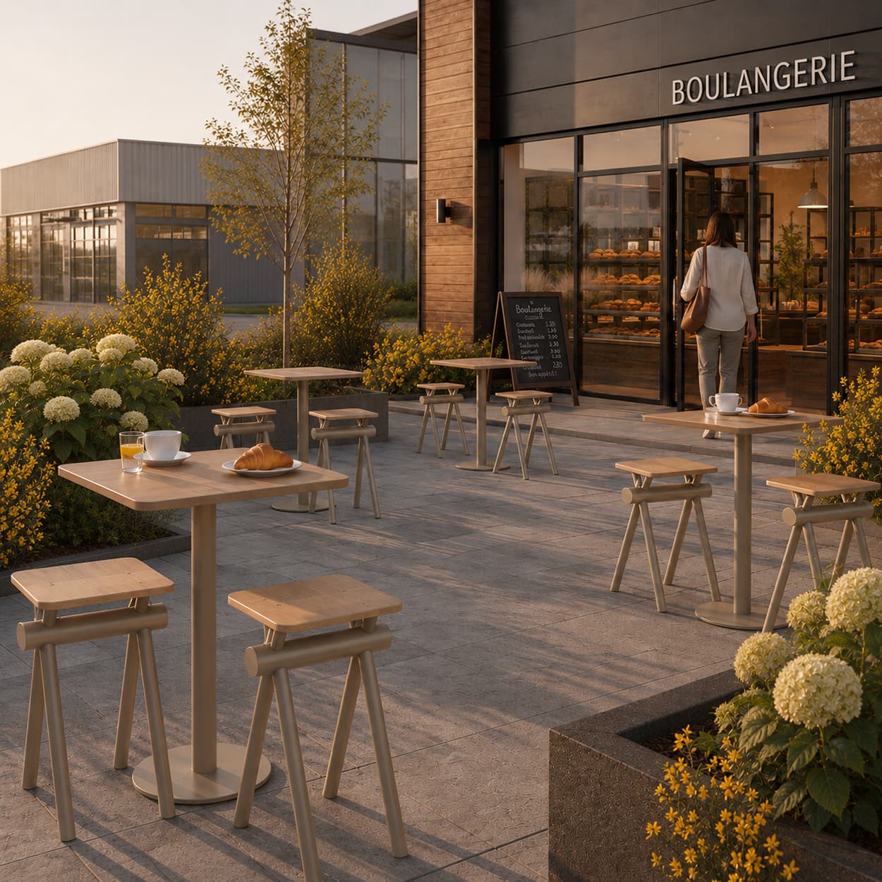 Terrasse einer Bäckerei mit Stehtischen und Hockern aus der Kito-Serie von Aubrilam