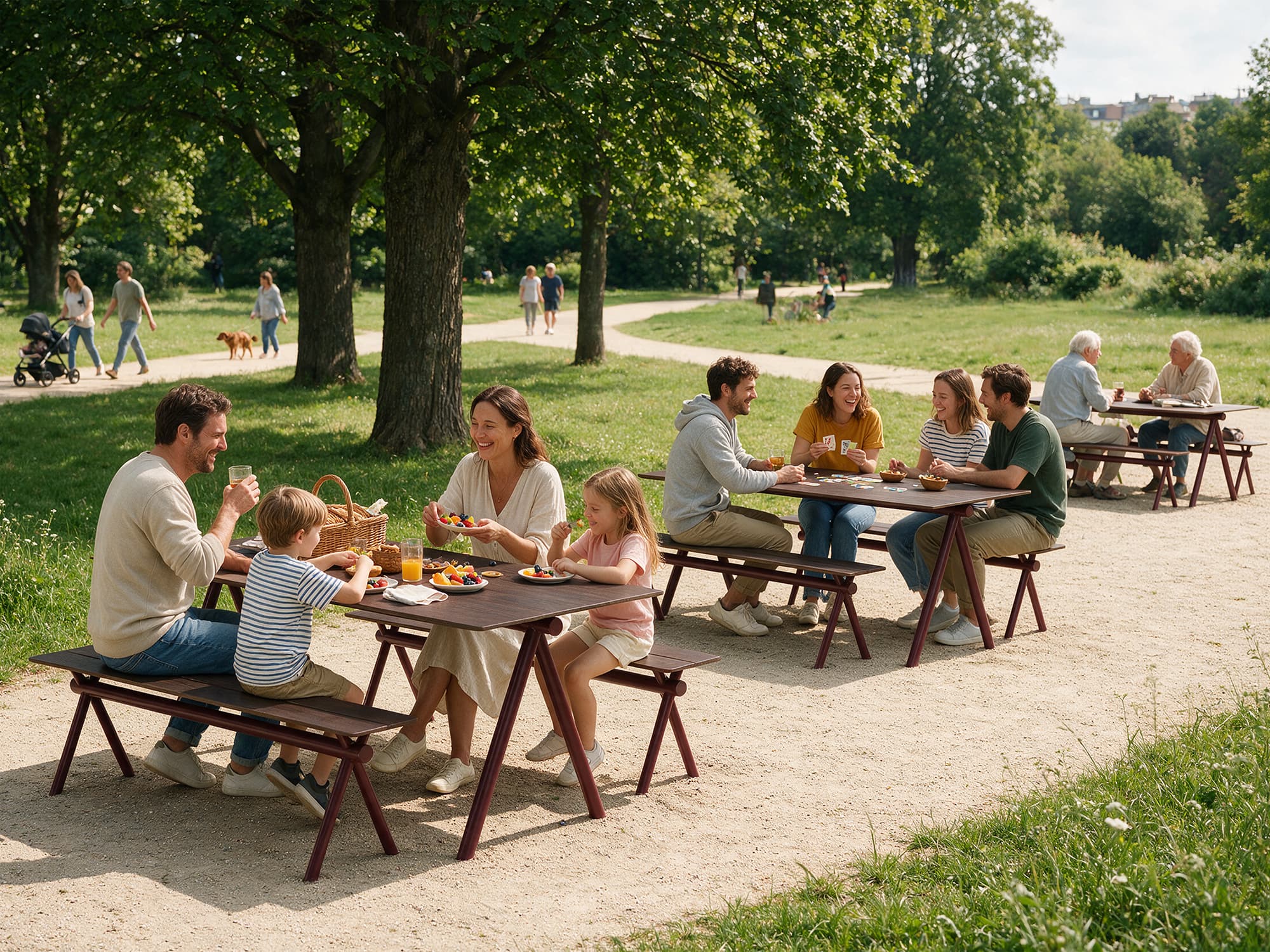 Rastplatz in einem Park mit Tisch- und Bankgruppen aus der Kollektion „Kito“ von Aubrilam