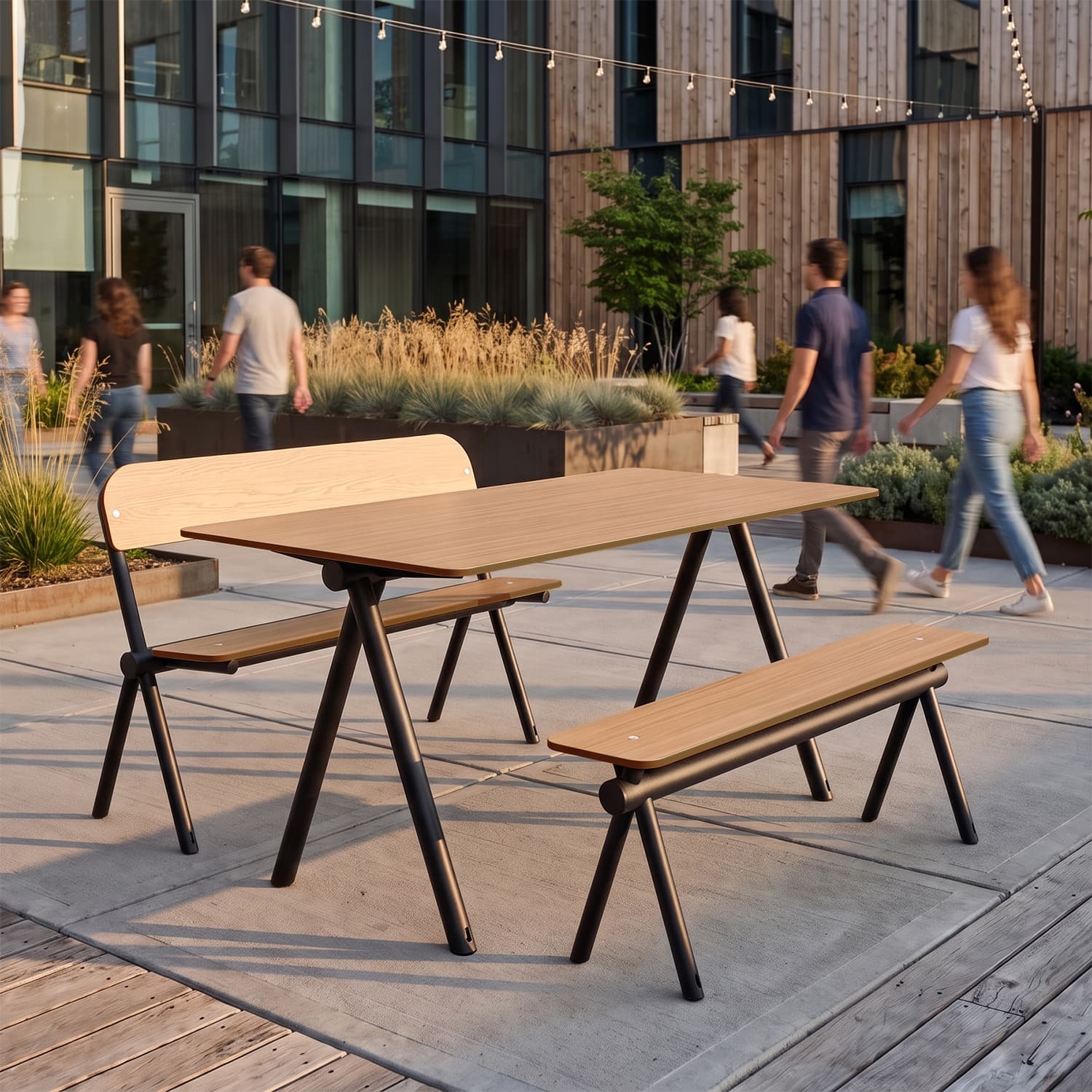 Parvis extérieur avec tables et bancs de la gamme Kito d'Aubrilam