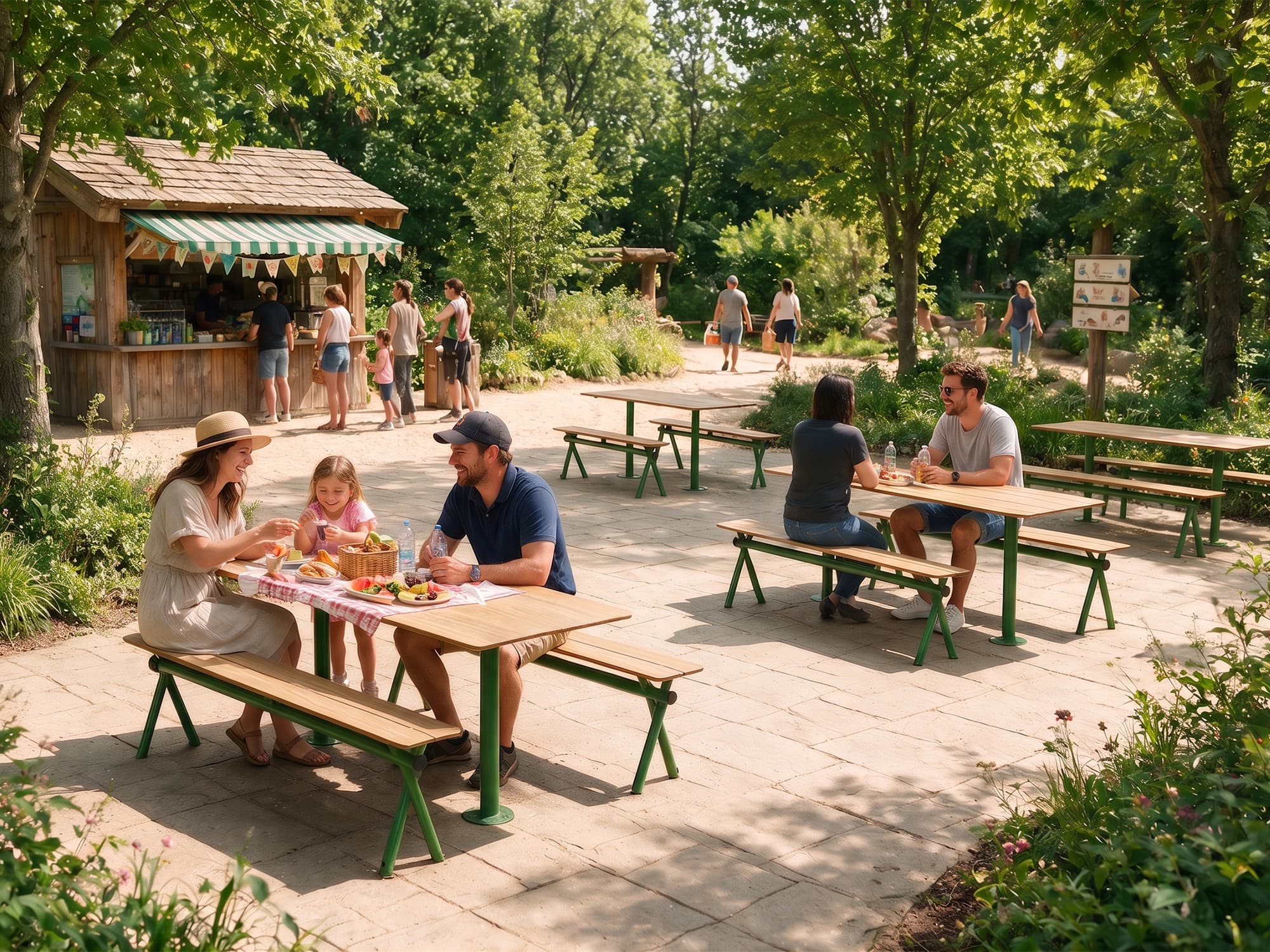 Tisch- und Bankgarnituren aus den Serien „Access“ und „Kito“ von Aubrilam zur Ausstattung von Außenterrassen von Restaurants, Campingplätzen, Parks usw.