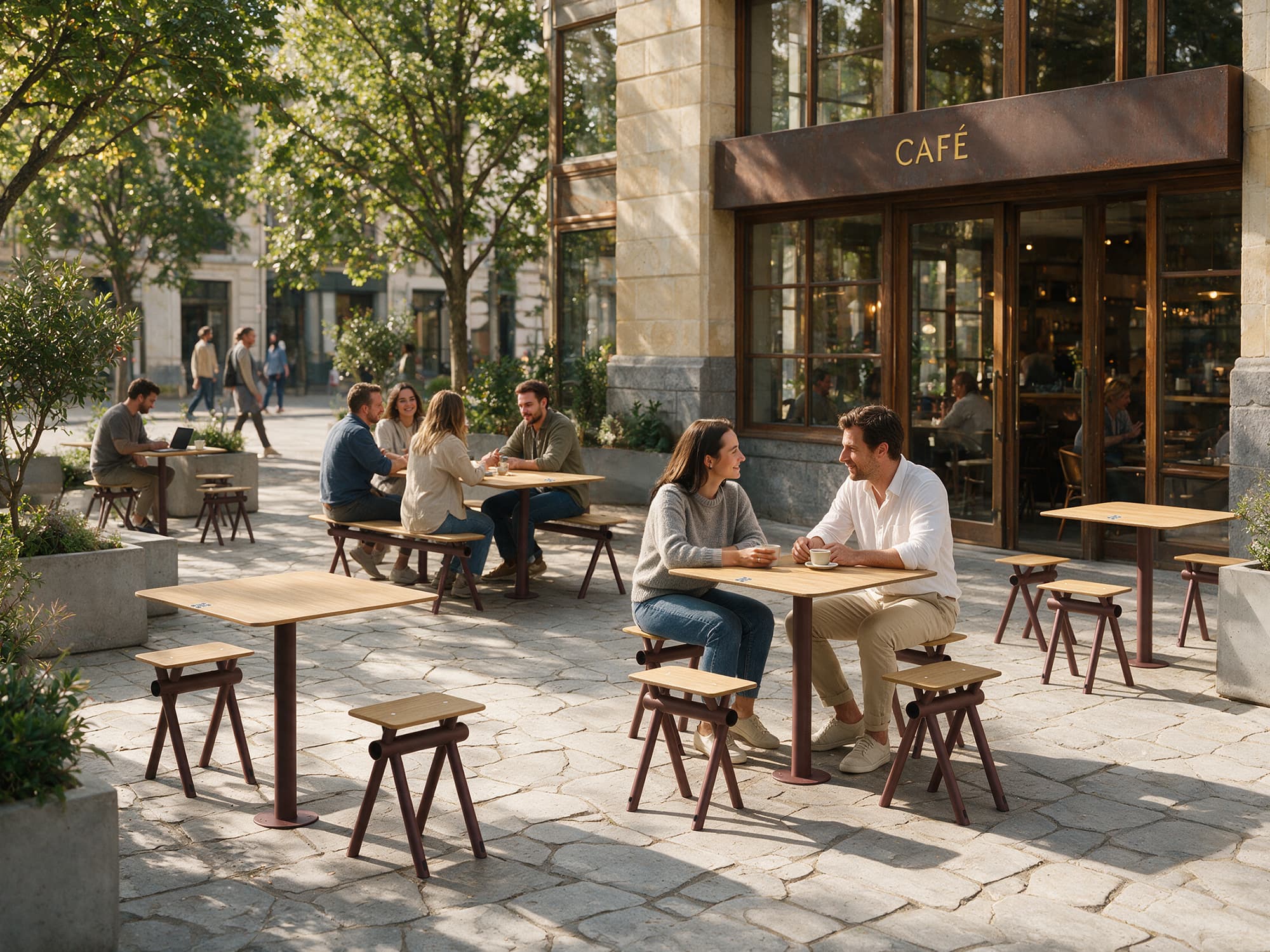 Außenmöbel aus den Serien „Kito“ und „Access“ von Aubrilam, quadratischer Tisch und Hocker für Caféterrassen, Eisdielen usw.