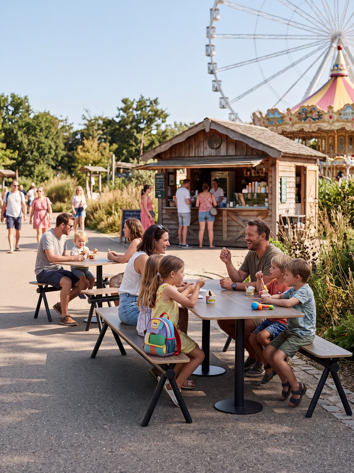 Gastronomiebereich in einem Freizeitpark mit Tisch und Bank „Kito“ von Aubrilam
