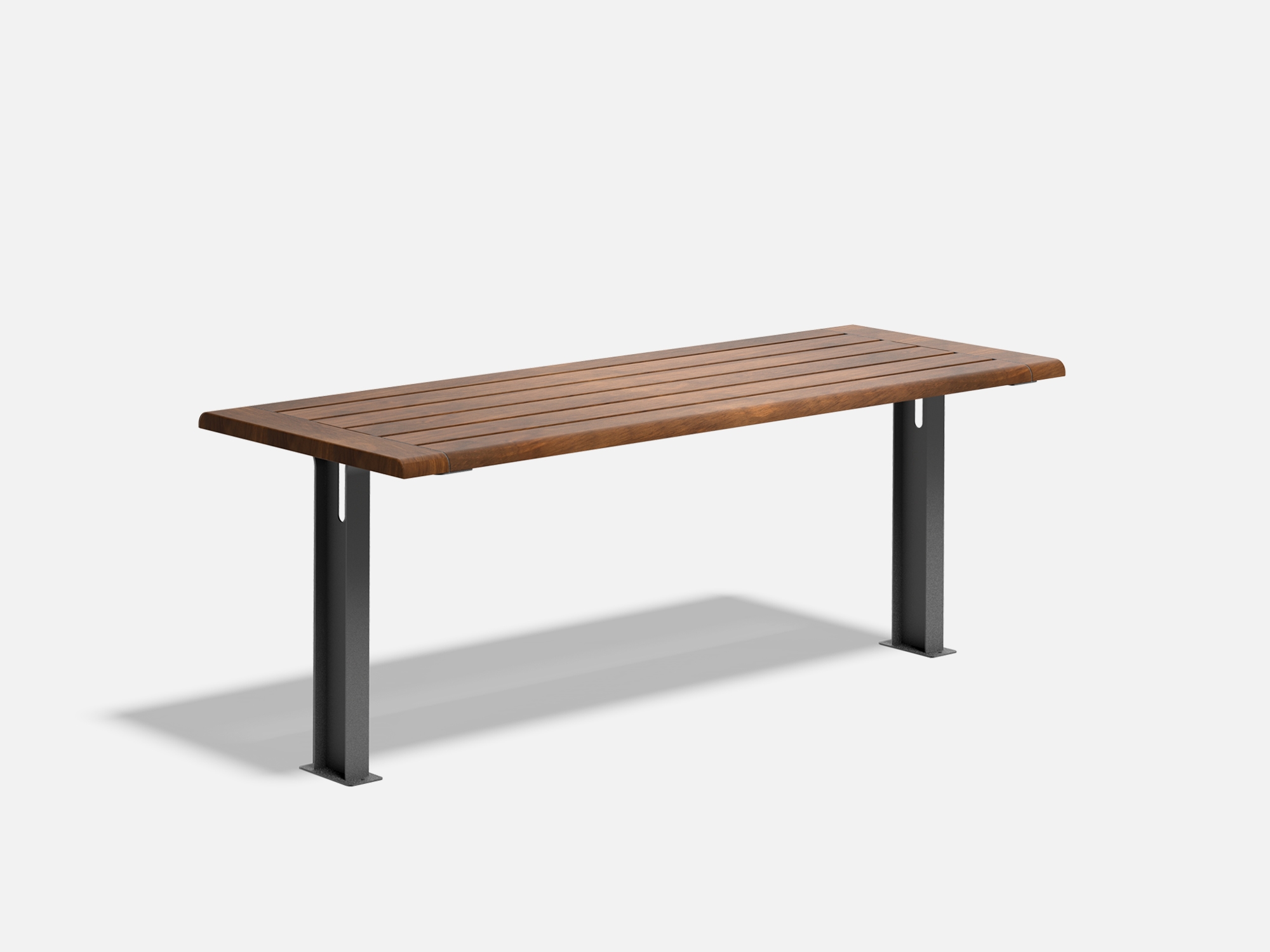 6-seat outdoor table made of wood and metal, designed to be paired with benches