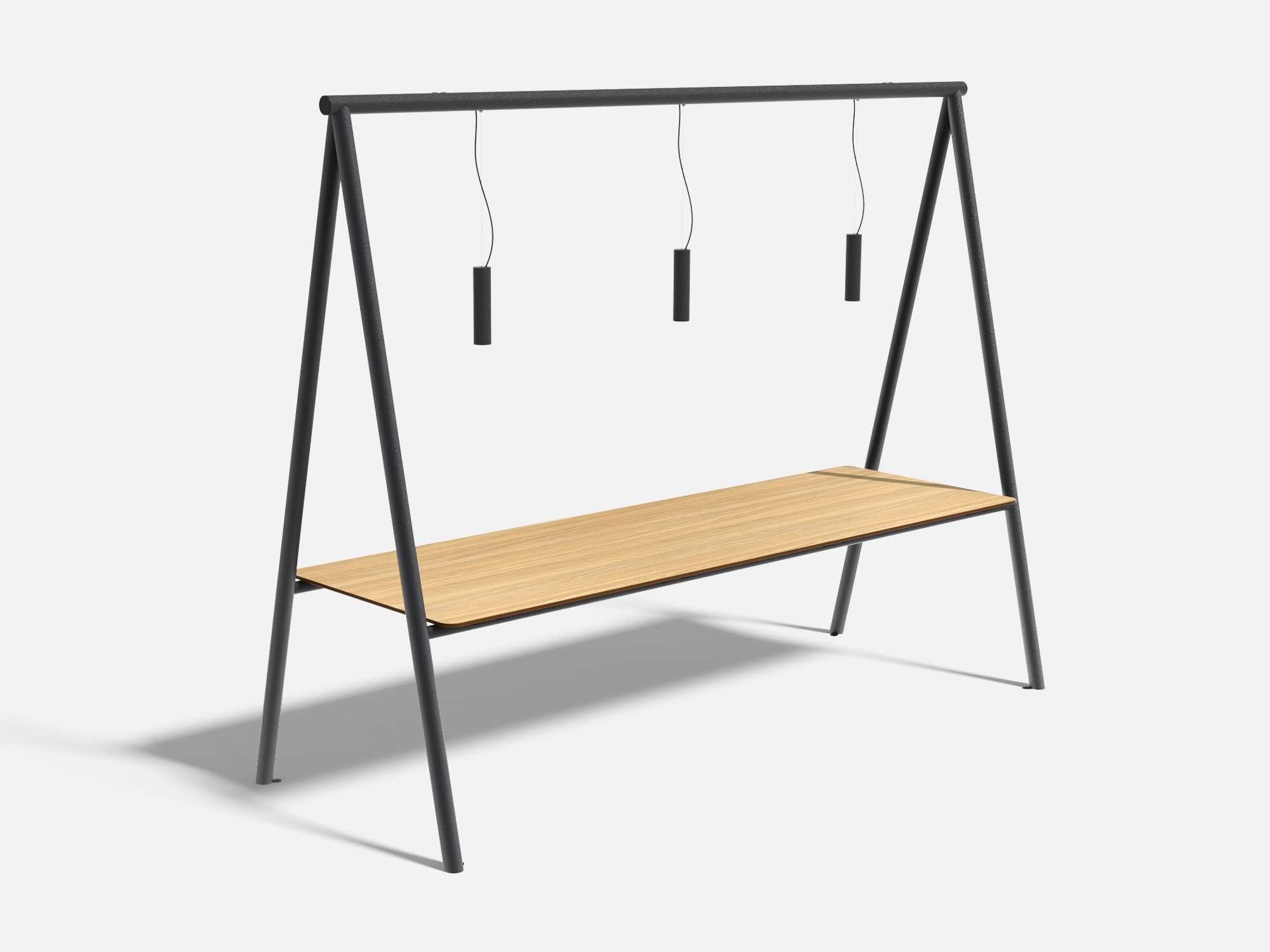 Tisch für 8 Personen aus Laminat in Holz- und Metalloptik, bestimmt für Außenterrassen, überragt von einem Baldachin mit Leuchten.